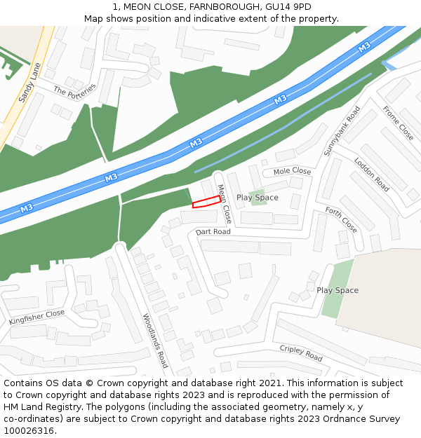 1, MEON CLOSE, FARNBOROUGH, GU14 9PD: Location map and indicative extent of plot