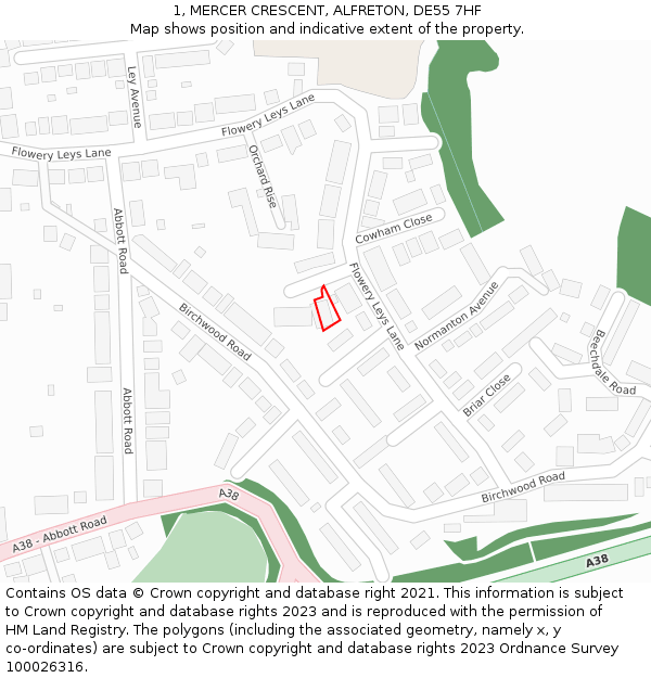 1, MERCER CRESCENT, ALFRETON, DE55 7HF: Location map and indicative extent of plot