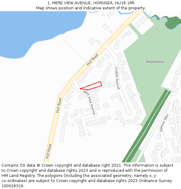 1, MERE VIEW AVENUE, HORNSEA, HU18 1RR: Location map and indicative extent of plot