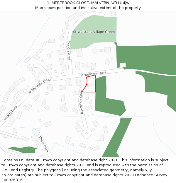 1, MEREBROOK CLOSE, MALVERN, WR14 4JW: Location map and indicative extent of plot