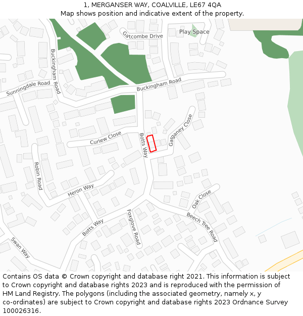 1, MERGANSER WAY, COALVILLE, LE67 4QA: Location map and indicative extent of plot