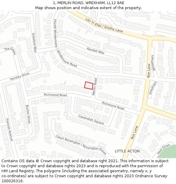 1, MERLIN ROAD, WREXHAM, LL12 8AE: Location map and indicative extent of plot