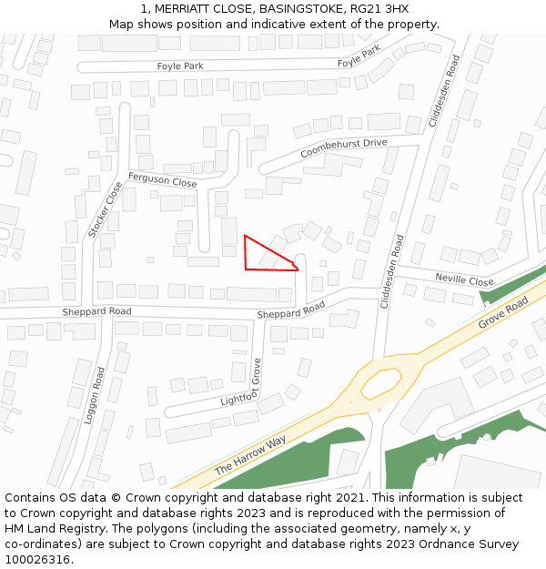 1, MERRIATT CLOSE, BASINGSTOKE, RG21 3HX: Location map and indicative extent of plot