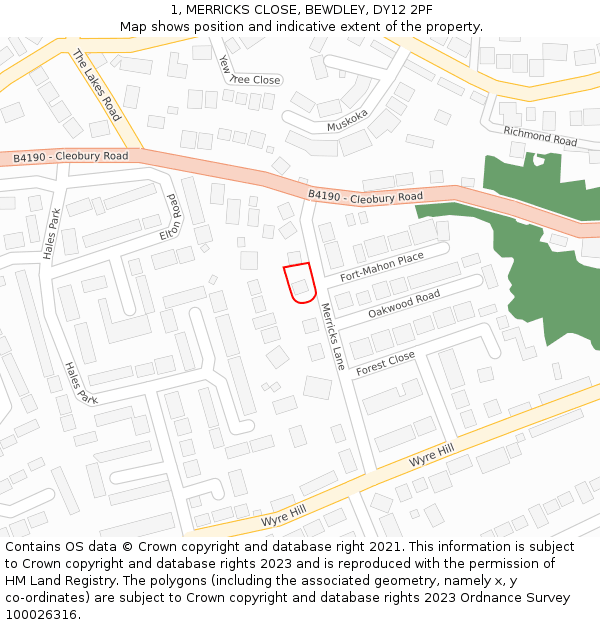 1, MERRICKS CLOSE, BEWDLEY, DY12 2PF: Location map and indicative extent of plot