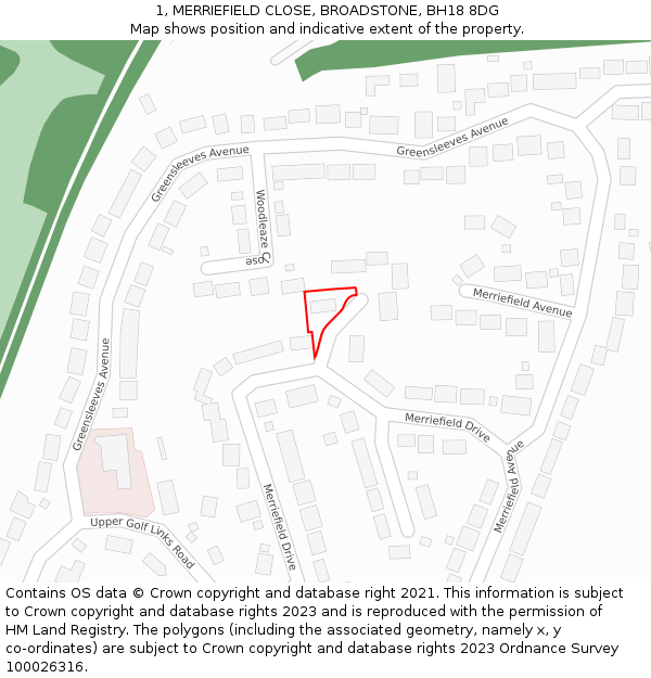 1, MERRIEFIELD CLOSE, BROADSTONE, BH18 8DG: Location map and indicative extent of plot