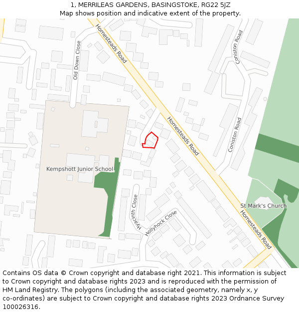 1, MERRILEAS GARDENS, BASINGSTOKE, RG22 5JZ: Location map and indicative extent of plot