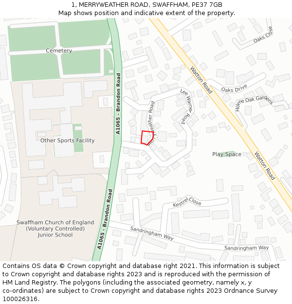 1, MERRYWEATHER ROAD, SWAFFHAM, PE37 7GB: Location map and indicative extent of plot