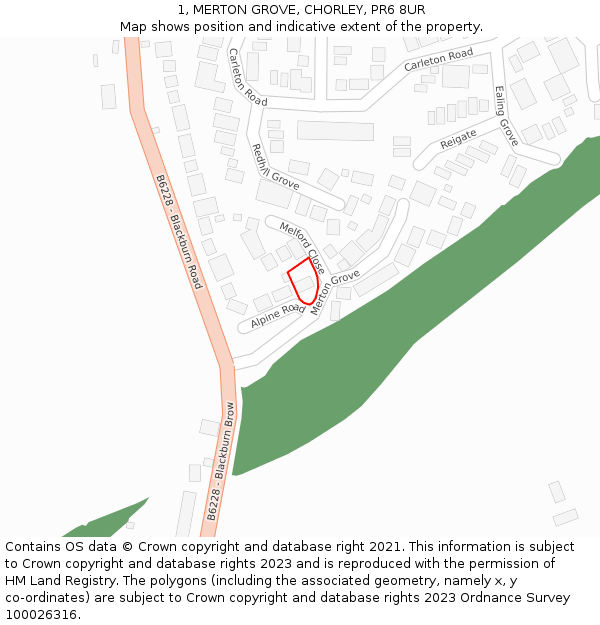 1, MERTON GROVE, CHORLEY, PR6 8UR: Location map and indicative extent of plot