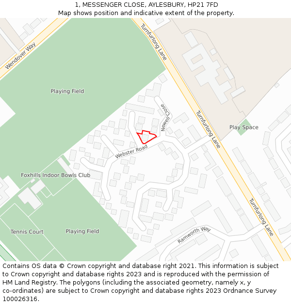 1, MESSENGER CLOSE, AYLESBURY, HP21 7FD: Location map and indicative extent of plot