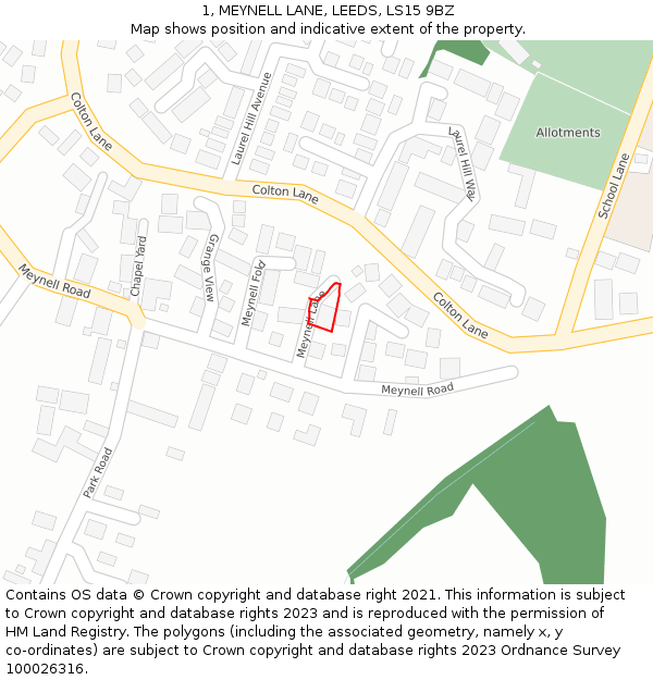 1, MEYNELL LANE, LEEDS, LS15 9BZ: Location map and indicative extent of plot