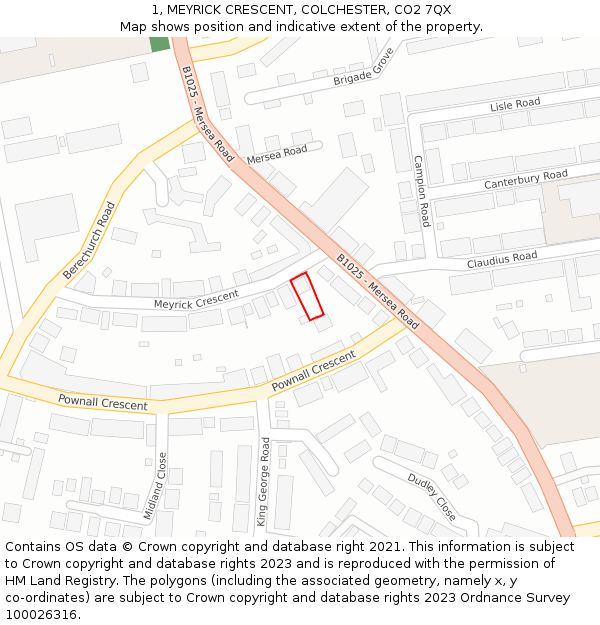 1, MEYRICK CRESCENT, COLCHESTER, CO2 7QX: Location map and indicative extent of plot