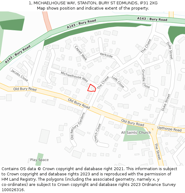 1, MICHAELHOUSE WAY, STANTON, BURY ST EDMUNDS, IP31 2XG: Location map and indicative extent of plot