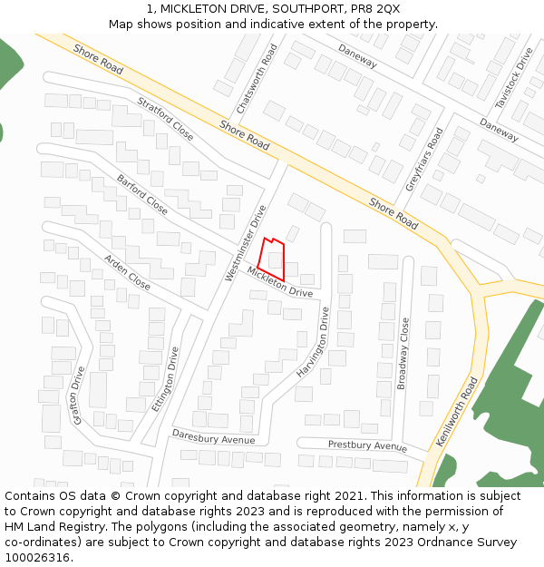 1, MICKLETON DRIVE, SOUTHPORT, PR8 2QX: Location map and indicative extent of plot