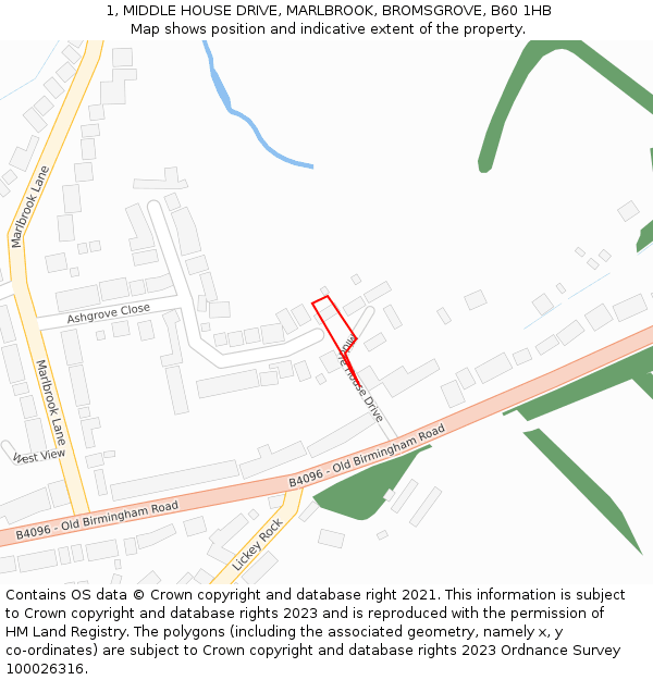 1, MIDDLE HOUSE DRIVE, MARLBROOK, BROMSGROVE, B60 1HB: Location map and indicative extent of plot