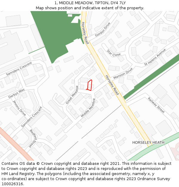 1, MIDDLE MEADOW, TIPTON, DY4 7LY: Location map and indicative extent of plot