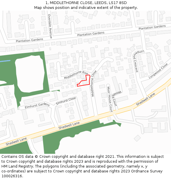 1, MIDDLETHORNE CLOSE, LEEDS, LS17 8SD: Location map and indicative extent of plot