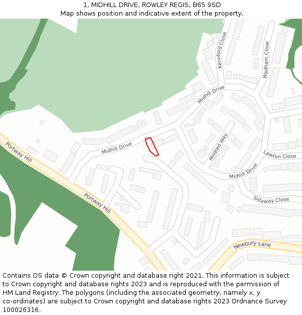 1, MIDHILL DRIVE, ROWLEY REGIS, B65 9SD: Location map and indicative extent of plot