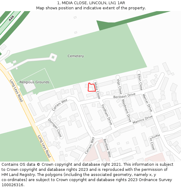 1, MIDIA CLOSE, LINCOLN, LN1 1AR: Location map and indicative extent of plot