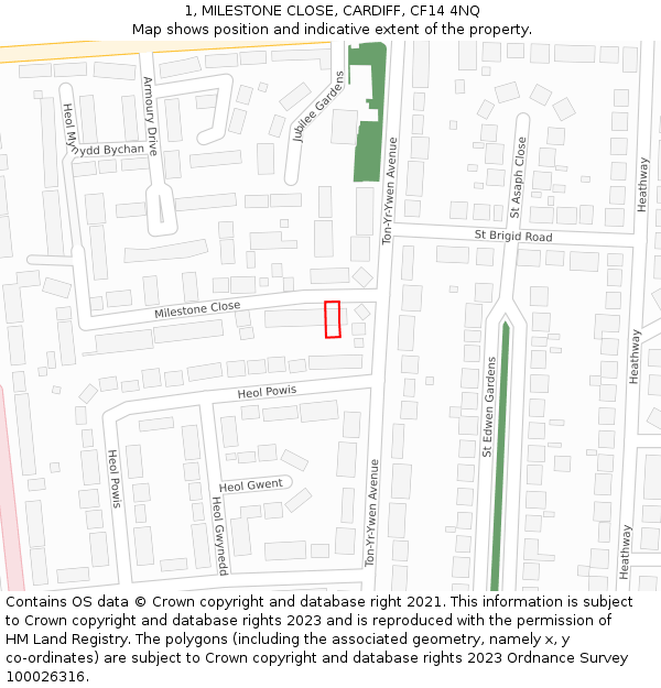 1, MILESTONE CLOSE, CARDIFF, CF14 4NQ: Location map and indicative extent of plot