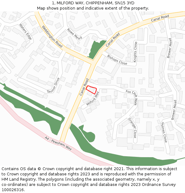 1, MILFORD WAY, CHIPPENHAM, SN15 3YD: Location map and indicative extent of plot