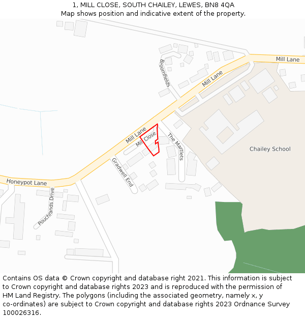 1, MILL CLOSE, SOUTH CHAILEY, LEWES, BN8 4QA: Location map and indicative extent of plot