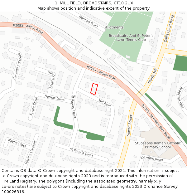 1, MILL FIELD, BROADSTAIRS, CT10 2UX: Location map and indicative extent of plot