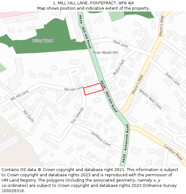 1, MILL HILL LANE, PONTEFRACT, WF8 4JA: Location map and indicative extent of plot