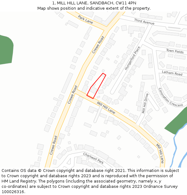 1, MILL HILL LANE, SANDBACH, CW11 4PN: Location map and indicative extent of plot
