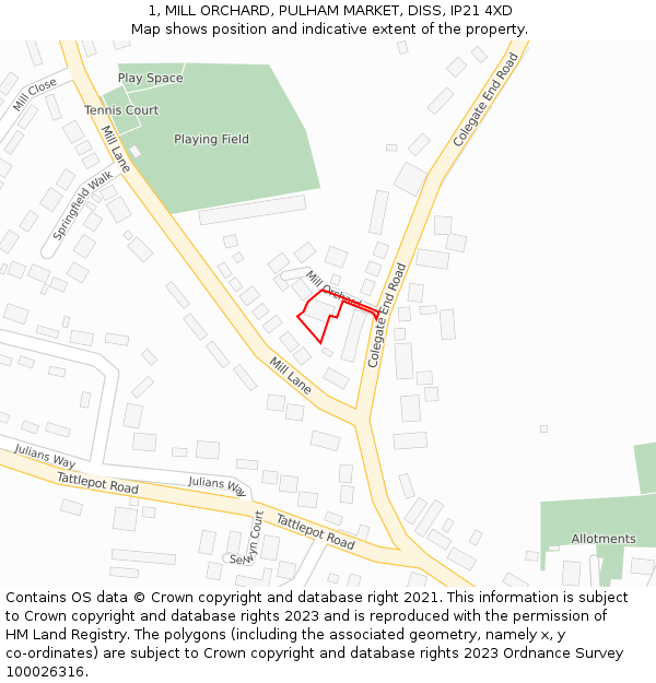 1, MILL ORCHARD, PULHAM MARKET, DISS, IP21 4XD: Location map and indicative extent of plot