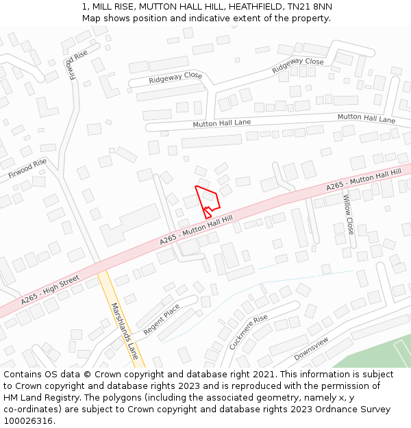 1, MILL RISE, MUTTON HALL HILL, HEATHFIELD, TN21 8NN: Location map and indicative extent of plot