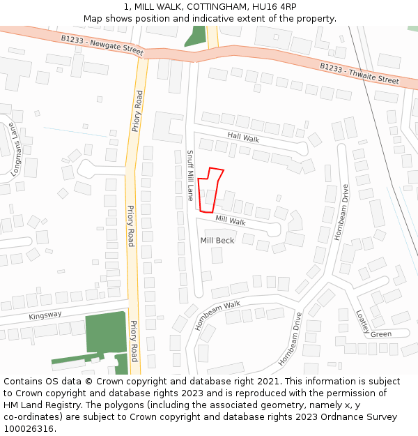1, MILL WALK, COTTINGHAM, HU16 4RP: Location map and indicative extent of plot