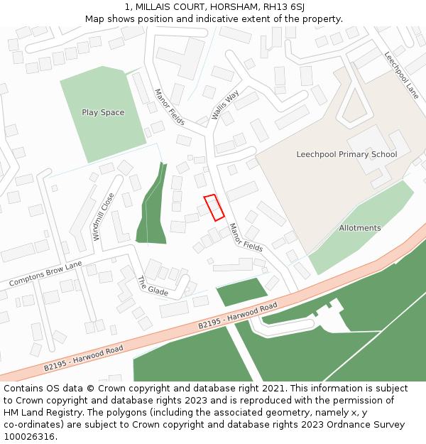 1, MILLAIS COURT, HORSHAM, RH13 6SJ: Location map and indicative extent of plot