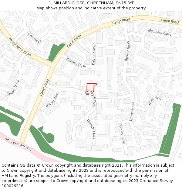 1, MILLARD CLOSE, CHIPPENHAM, SN15 3YF: Location map and indicative extent of plot