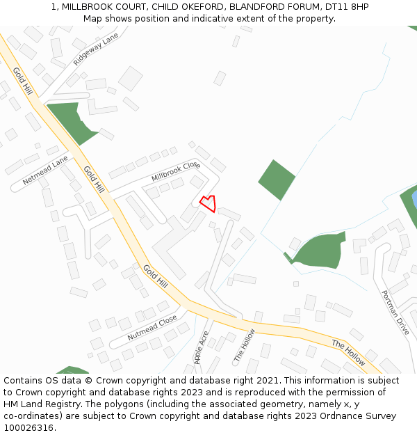 1, MILLBROOK COURT, CHILD OKEFORD, BLANDFORD FORUM, DT11 8HP: Location map and indicative extent of plot