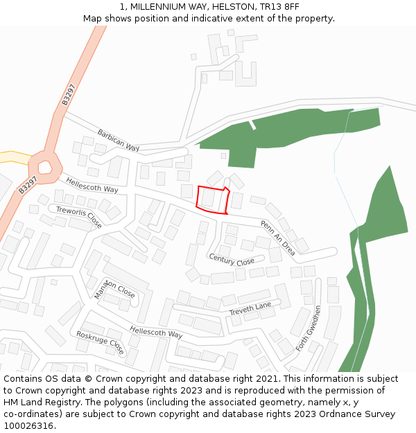 1, MILLENNIUM WAY, HELSTON, TR13 8FF: Location map and indicative extent of plot