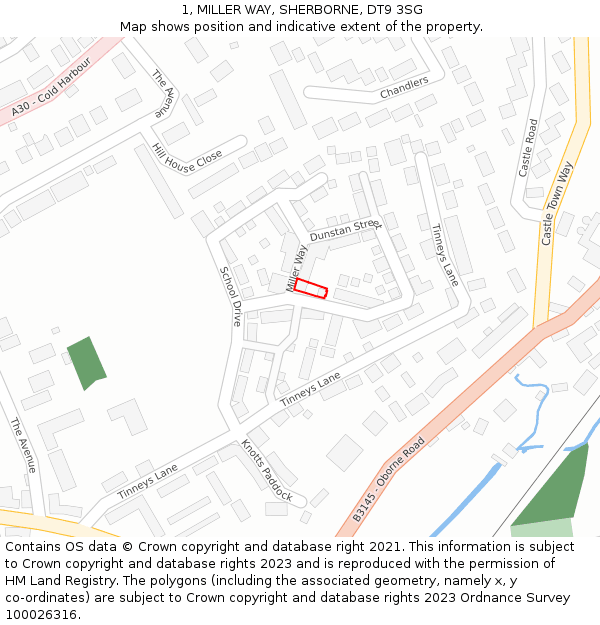 1, MILLER WAY, SHERBORNE, DT9 3SG: Location map and indicative extent of plot