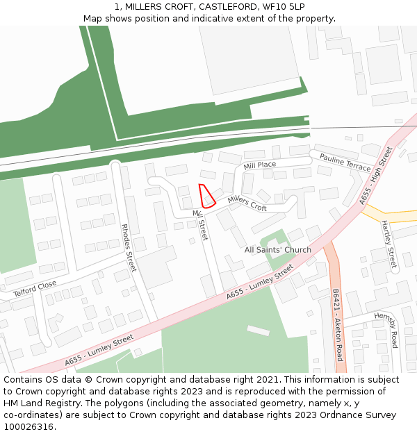 1, MILLERS CROFT, CASTLEFORD, WF10 5LP: Location map and indicative extent of plot