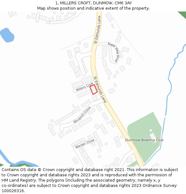 1, MILLERS CROFT, DUNMOW, CM6 3AY: Location map and indicative extent of plot