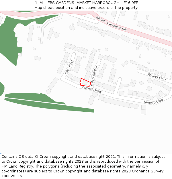 1, MILLERS GARDENS, MARKET HARBOROUGH, LE16 9FE: Location map and indicative extent of plot