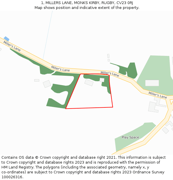 1, MILLERS LANE, MONKS KIRBY, RUGBY, CV23 0RJ: Location map and indicative extent of plot