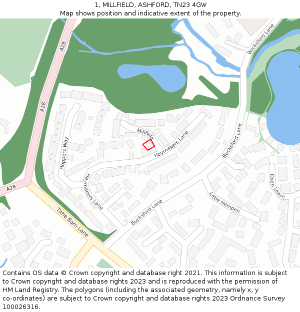 1, MILLFIELD, ASHFORD, TN23 4GW: Location map and indicative extent of plot