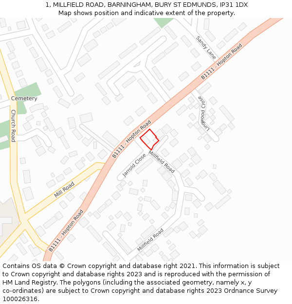 1, MILLFIELD ROAD, BARNINGHAM, BURY ST EDMUNDS, IP31 1DX: Location map and indicative extent of plot