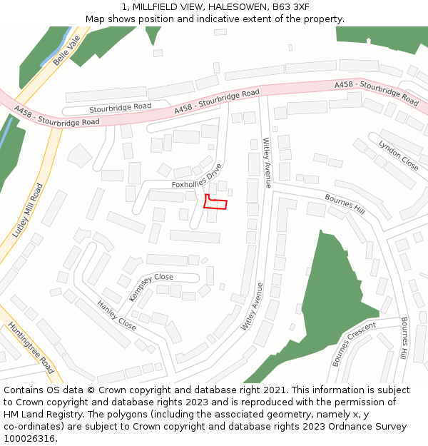 1, MILLFIELD VIEW, HALESOWEN, B63 3XF: Location map and indicative extent of plot