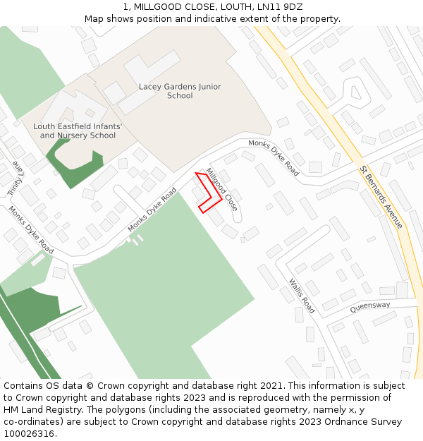1, MILLGOOD CLOSE, LOUTH, LN11 9DZ: Location map and indicative extent of plot
