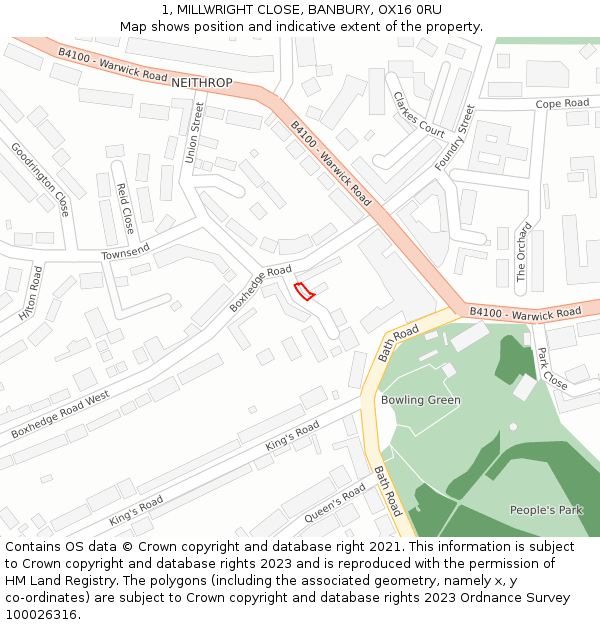 1, MILLWRIGHT CLOSE, BANBURY, OX16 0RU: Location map and indicative extent of plot