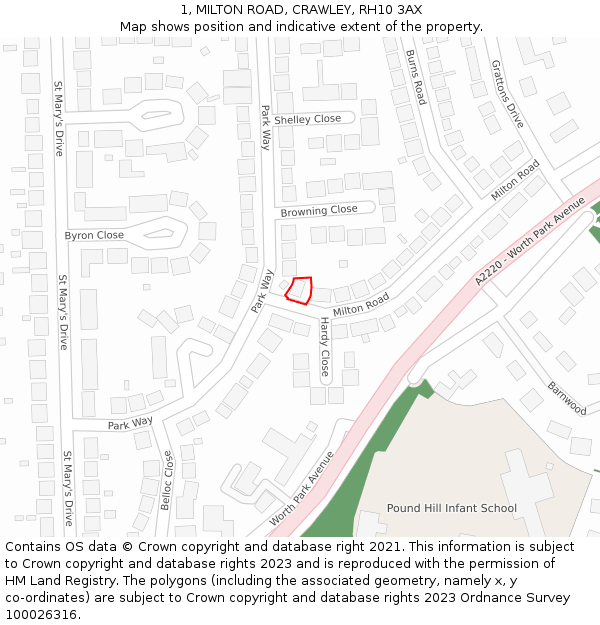 1, MILTON ROAD, CRAWLEY, RH10 3AX: Location map and indicative extent of plot