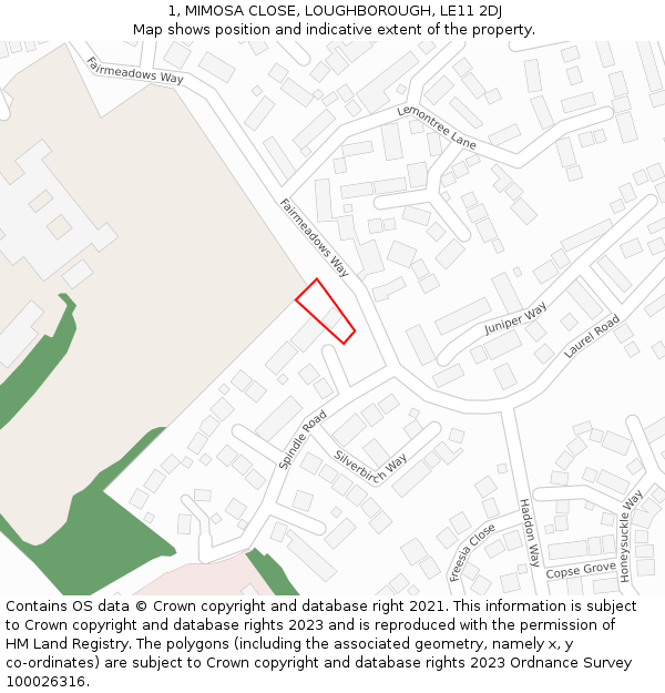 1, MIMOSA CLOSE, LOUGHBOROUGH, LE11 2DJ: Location map and indicative extent of plot