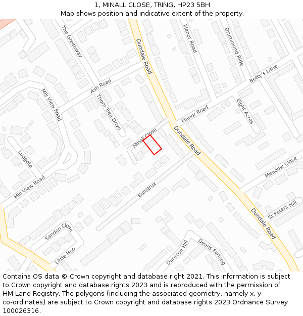 1, MINALL CLOSE, TRING, HP23 5BH: Location map and indicative extent of plot