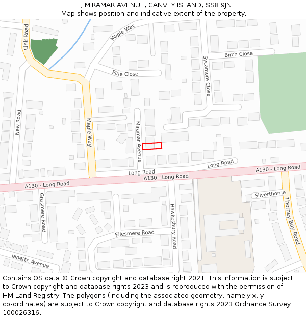 1, MIRAMAR AVENUE, CANVEY ISLAND, SS8 9JN: Location map and indicative extent of plot