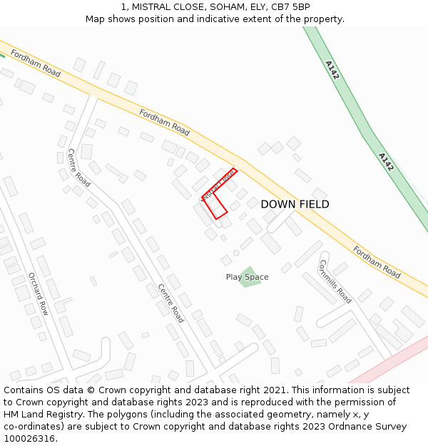 1, MISTRAL CLOSE, SOHAM, ELY, CB7 5BP: Location map and indicative extent of plot